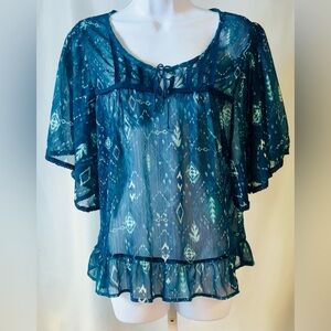 Selena Gomez Dream Out Loud Blue Sheer Lightweight Peasant Blouse Sz L‎